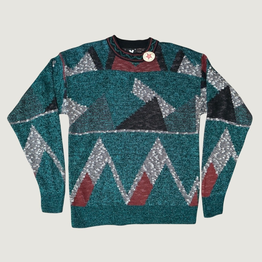Vintage 90s Grandpa Knit Sweater Teal Geometric XStatX Made USA - Size XL